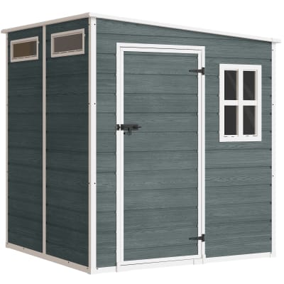 Abri de jardin plancher structure aluminium résine gris effet bois