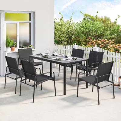 Salon de jardin 6 places table effet bois acier noir