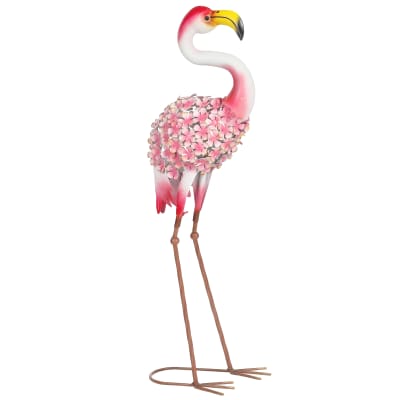 Statue de jardin flamant rose en métal avec plumes florales rouge