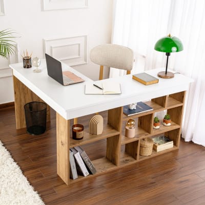 Bureau d'angle blanc, piètement et rangements effet bois 120x130 cm