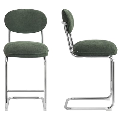 Lot de 2 tabourets de bar en tissu chenille vert, piètement chromé