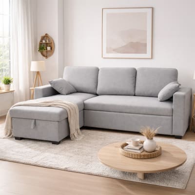 Canapé d'angle convertible 3 places avec coffre en tissu gris