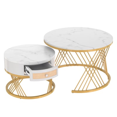 Set de 2 tables basses blanches et or avec tiroir 70 x 70 x 45,5 cm