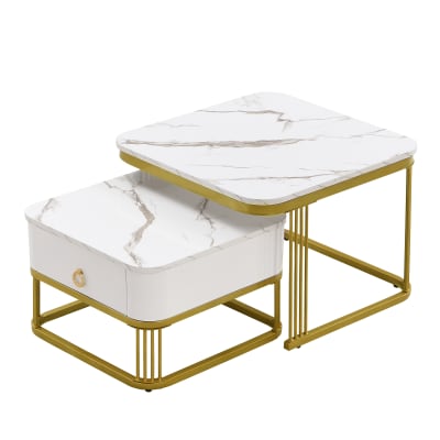 Set de 2 tables basses gigognes blanches avec tiroir 60 x 60 x 45 cm