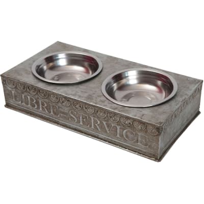 Porte gamelles en zinc + 2 gamelles inox libre service 36x19x8cm