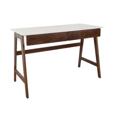 Bureau décor bois piétement bois d'hévéa 2 tiroirs noyer
