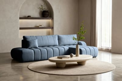 Canapé d'angle convertible tissu bouclette 4 places bleu gauche