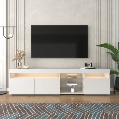 Meuble tv avec led et étagères en verre, 180 cm, blanc brillant