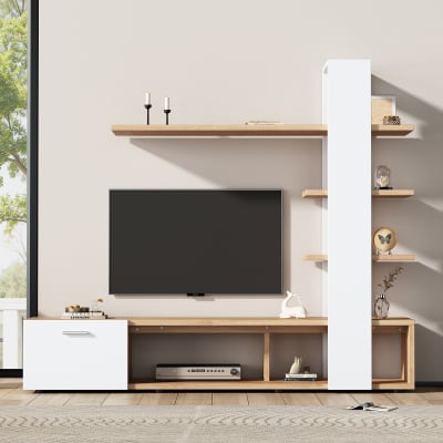 Meuble tv avec étagères et rangement, 180 cm, bois blanc