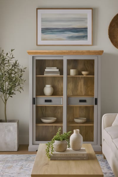 Armoire avec 2 portes vitrées et 2 tiroirs en bois gris