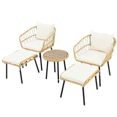 Salon de jardin 5 pièces en rotin table basse, 2 chaises, 2 tabourets