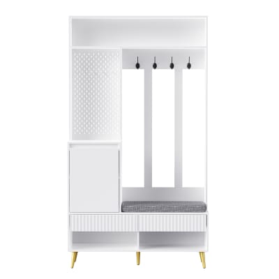 Vestiaire d’entrée blanc avec banc, rangements et crochets