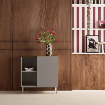 Buffet, meuble de rangement métal et décor bois 80cm gris et noyer
