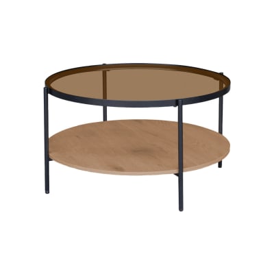 Table basse ronde double plateau verre, décor bois et métal