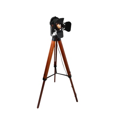 Lampadaire cinéma trépied en bois et métal noir H.140 cm