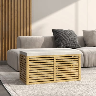 Banc de rangement rembourré tissu aspect lin structure en bambou gris
