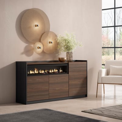 Buffet effet bois de chêne foncé noir 157x37x80cm cheminée effet feu