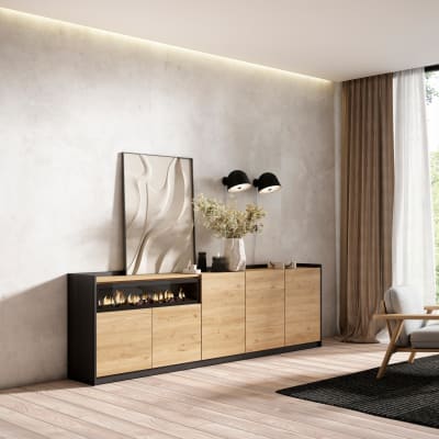 Buffet effet bois de chêne et noir 263x37x80cm cheminée effet feu