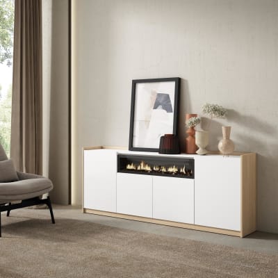 Buffet effet bois blanc et chêne 210x37x80cm cheminée effet feu