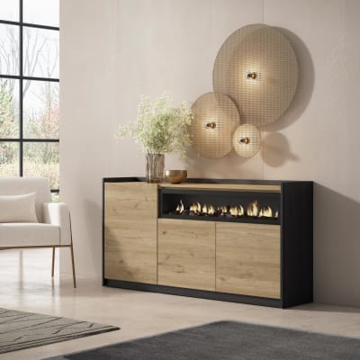 Buffet effet bois de chêne et noir 157x37x80cm cheminée effet feu
