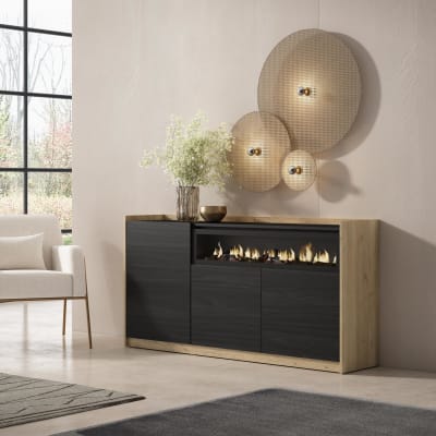 Buffet effet bois noir et chêne 157x37x80cm cheminée effet feu