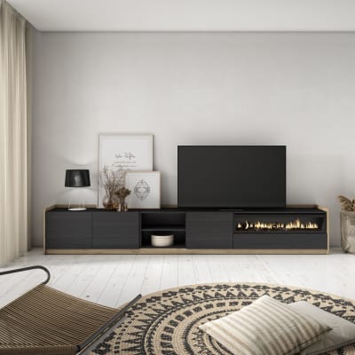 Meuble tv effet bois noir et chêne 310x37x50cm cheminée effet feu