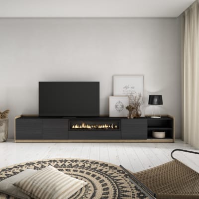 Meuble tv effet bois noir et chêne 310x37x50cm cheminée effet feu