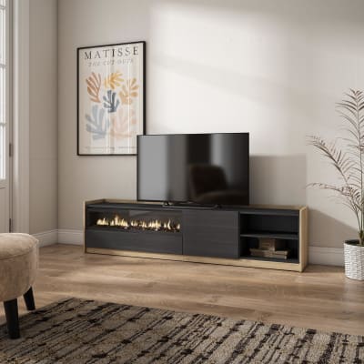 Meuble tv effet bois noir et chêne 208x37x50cm cheminée effet feu