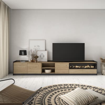 Meuble tv effet bois de chêne et noir 310x37x50cm cheminée effet feu