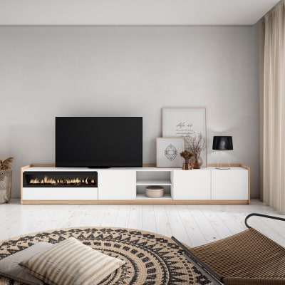 Meuble tv effet bois blanc et chêne 310x37x50cm cheminée effet feu