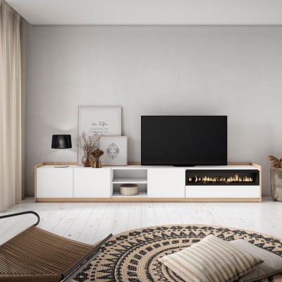 Meuble tv effet bois blanc et chêne 310x37x50cm cheminée effet feu