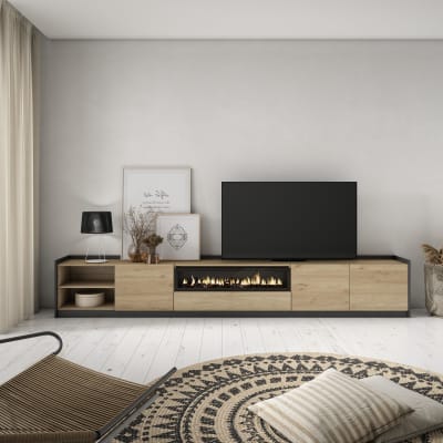 Meuble tv effet bois de chêne et noir 310x37x50cm cheminée effet feu