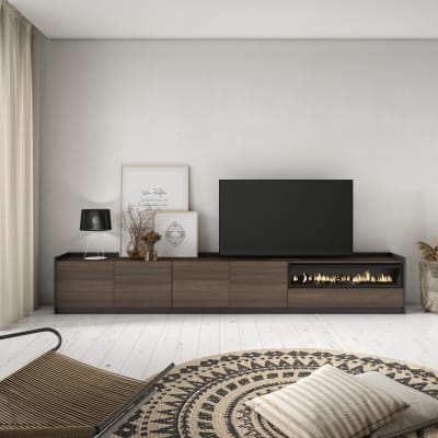 Meuble tv effet bois de chêne foncé et noir 310 cheminée effet feu