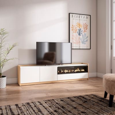 Meuble tv effet bois blanc et chêne 208x37x50cm cheminée effet feu