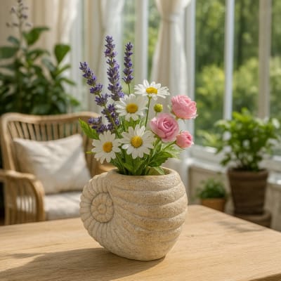 Vase en céramique beige en forme de coquillage, 33 x 19 x 23 cm