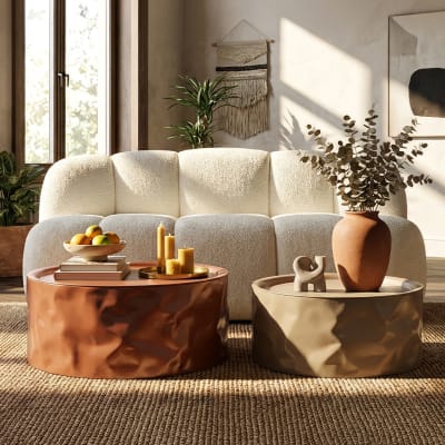 Tables basses en métal beige et terracotta, set 2 pcs ø 62×30–51×26