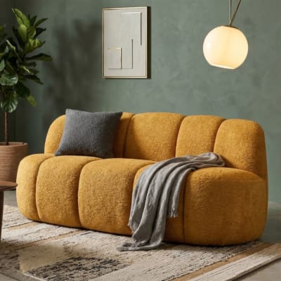 Canapé deux places en tissu bouclé jaune, 145 x 80 x 69 cm