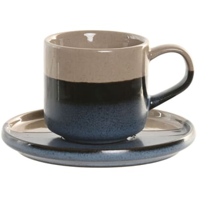 Tasse à café et dessous de tasse porcelaine émaillée bleu et beige 130