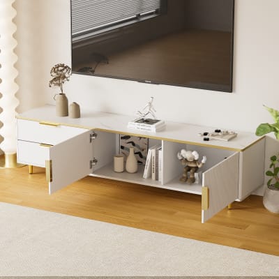 Meuble tv avec reliefs sculptés et poignées dorées, 175 cm, blanc