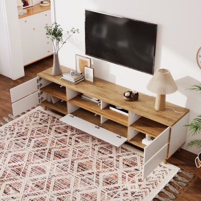 Meuble tv bas avec portes et étagères, 175 cm, pieds en bois, blanc