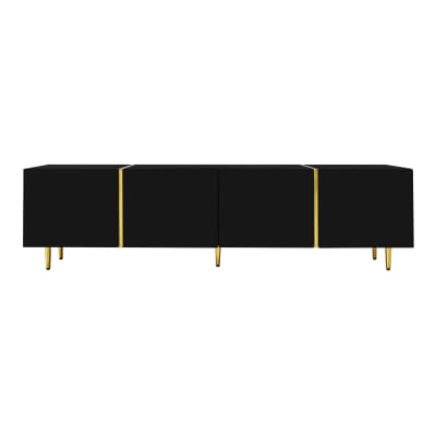 Meuble tv 170x35x46 cm noir laqué brillant, 4 portes, accents dorés
