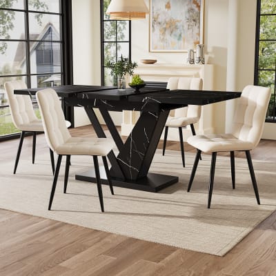 Table de salle à manger extensible en marbre, 120-160 cm, noire