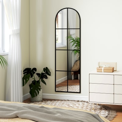 Grand miroir mural ou sur pied fenêtre arquée cadre en méta noir