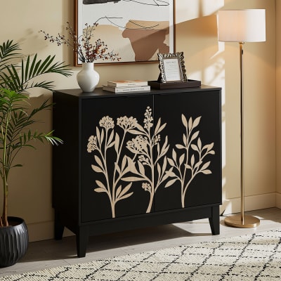 Buffet noir style champêtre à 2 porte avec motifs floraux gaufrés