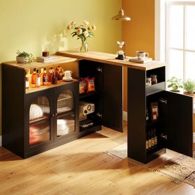 Table de bar rotative effet bois et noir mat avec porte vitrée et LED