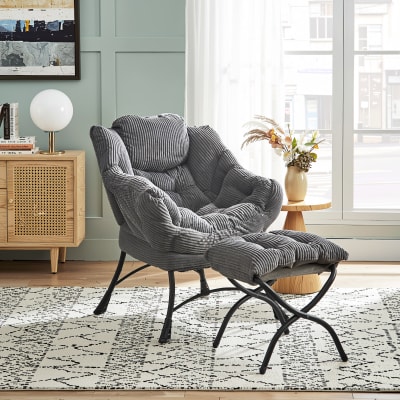 Fauteuil relax avec repose-pieds en flanelle grise, accoudoirs, poche