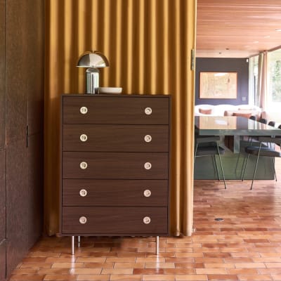Commode vintage décor bois et acier 5 tiroirs noyer