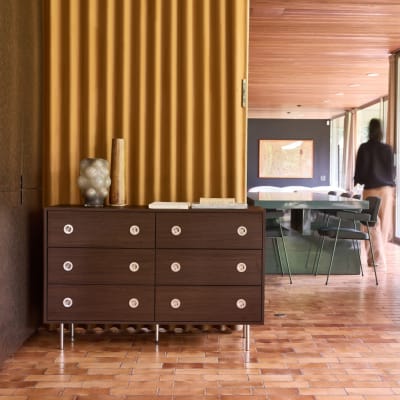 Commode vintage décor bois et acier 6 tiroirs noyer