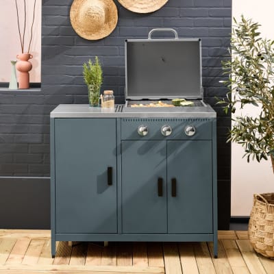 Barbecue gaz 3 brûleurs sur pieds inox bleu gris
