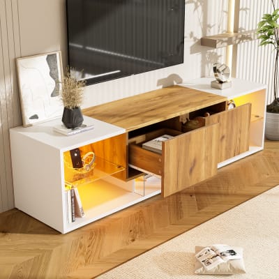 Meuble tv avec led, étagère en verre et 2 tiroirs, 160 cm, blanc